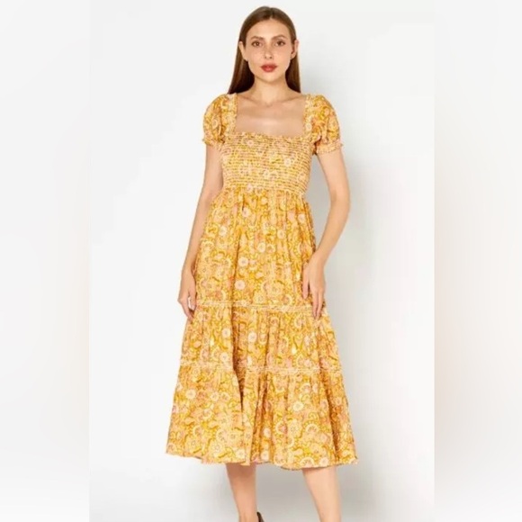 o.p.t. Tuckernuck OPT Daphne Midi Dress Smocked Floral Square Neck Puff Sleeve S - Picture 15 of 16